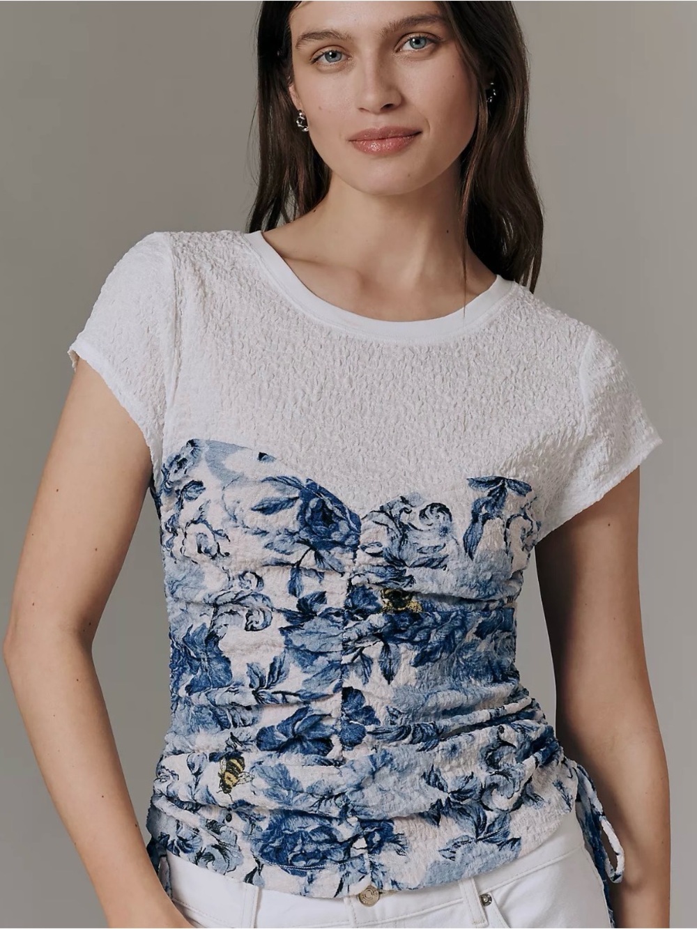 Maeve White Tee with Blue Floral Ruched Front
